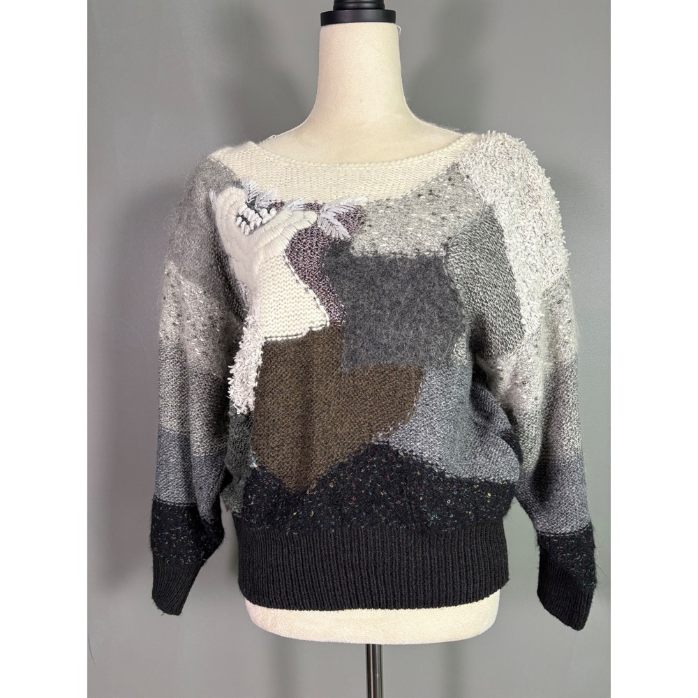 Vintage MarieaKim Patchwork Sweater Womens L Floral Knit 80s Maximalism 3D Mixed